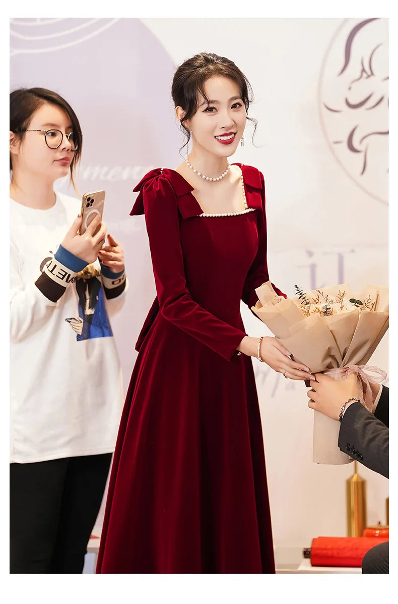 Burgundy Velvet Evening Dress Elegant Beaded Square Collar Engagement Dresses Temperament Bow Long Sleeve Formal Banquet Gown - Seprincess