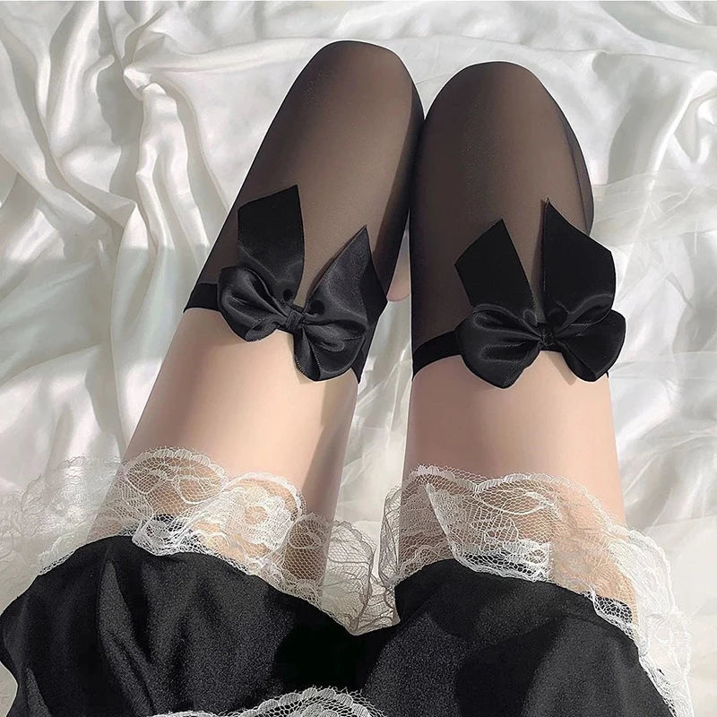 Black White Sexy Overknee Long Socks Women Sweet Girls Lolita Bowknot Thigh High Fishnet Stockings Gothic Punk Lace Mesh Legging