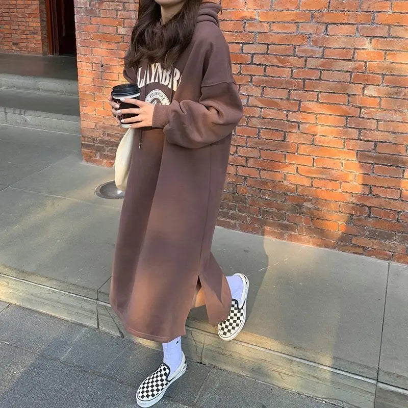 Autumn Winter Women Fleece Thicken Hooded Dress Print Letter Drawstring Korean Fashion Loose Midi Side Slit Oversized Dresses - Seprincess