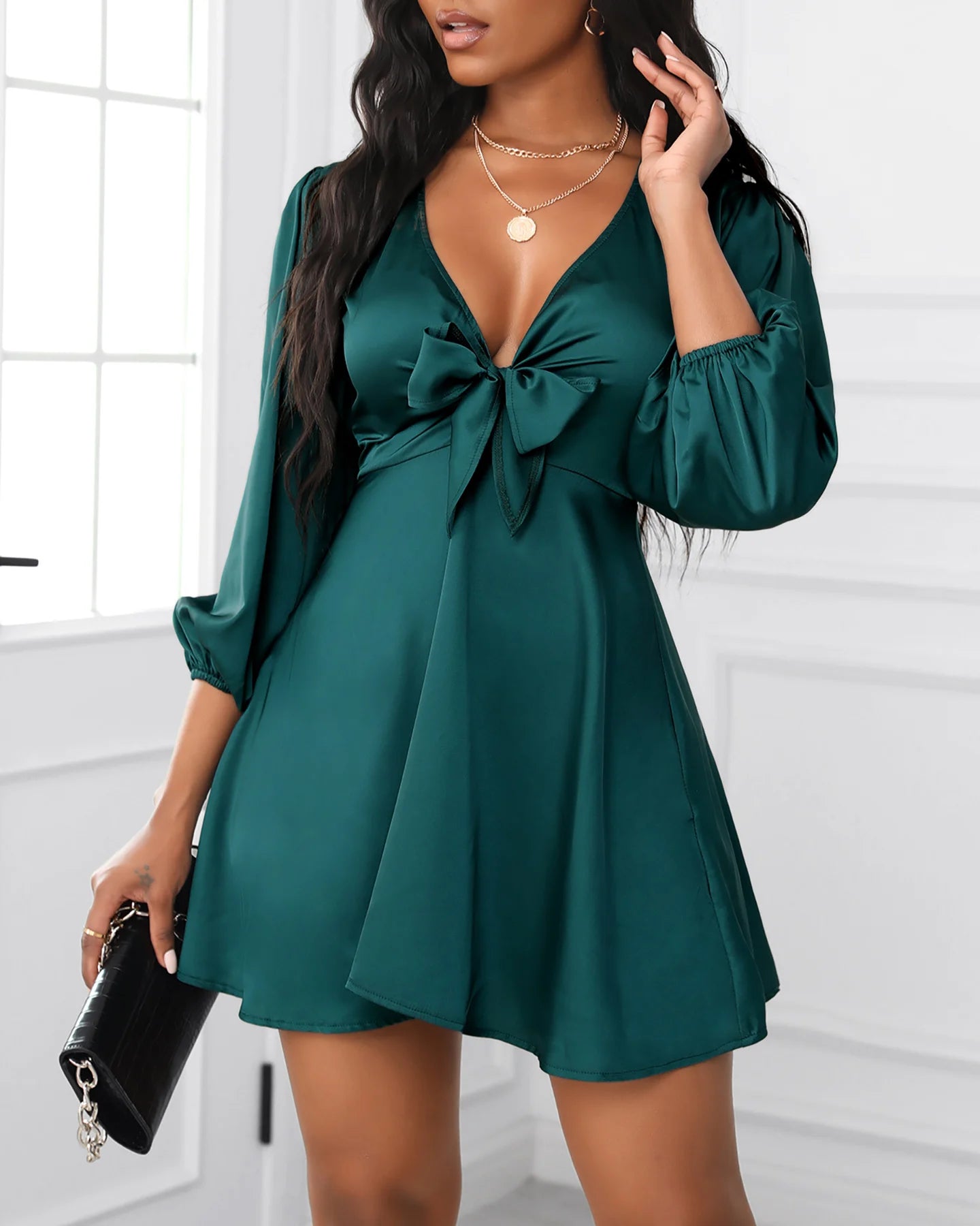 2022 New Women's Mini Satin Puff Sleeve Plunge Tie Front Dress Solid Bow Spring Summer Party Casual Chic Sexy V Neck Dress femme - Seprincess