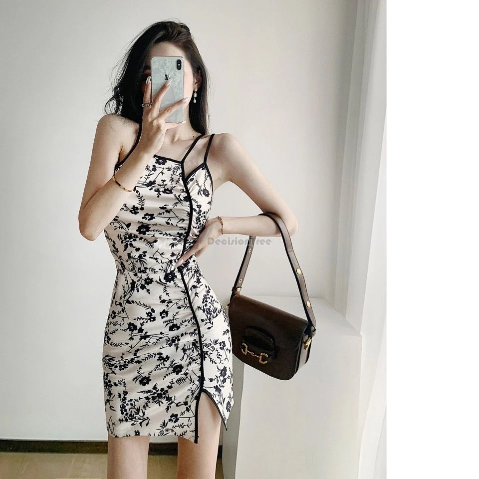 2024 summer slit slimming improved chinese style sexy fold design cheongsam floral printed halter sleeveless qipao dress w715 - Seprincess