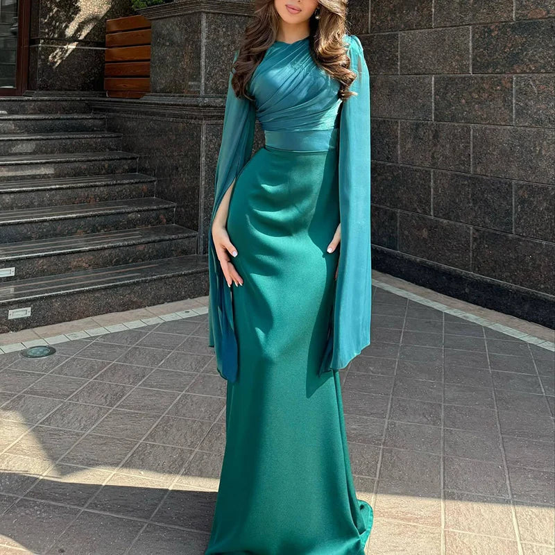 Fashion Satin Solid Robe Dress Ladies Temperament O-neck Slim Evening Dress Elegant Batwing Sleeves High Waist Pleats Long Dress - Seprincess