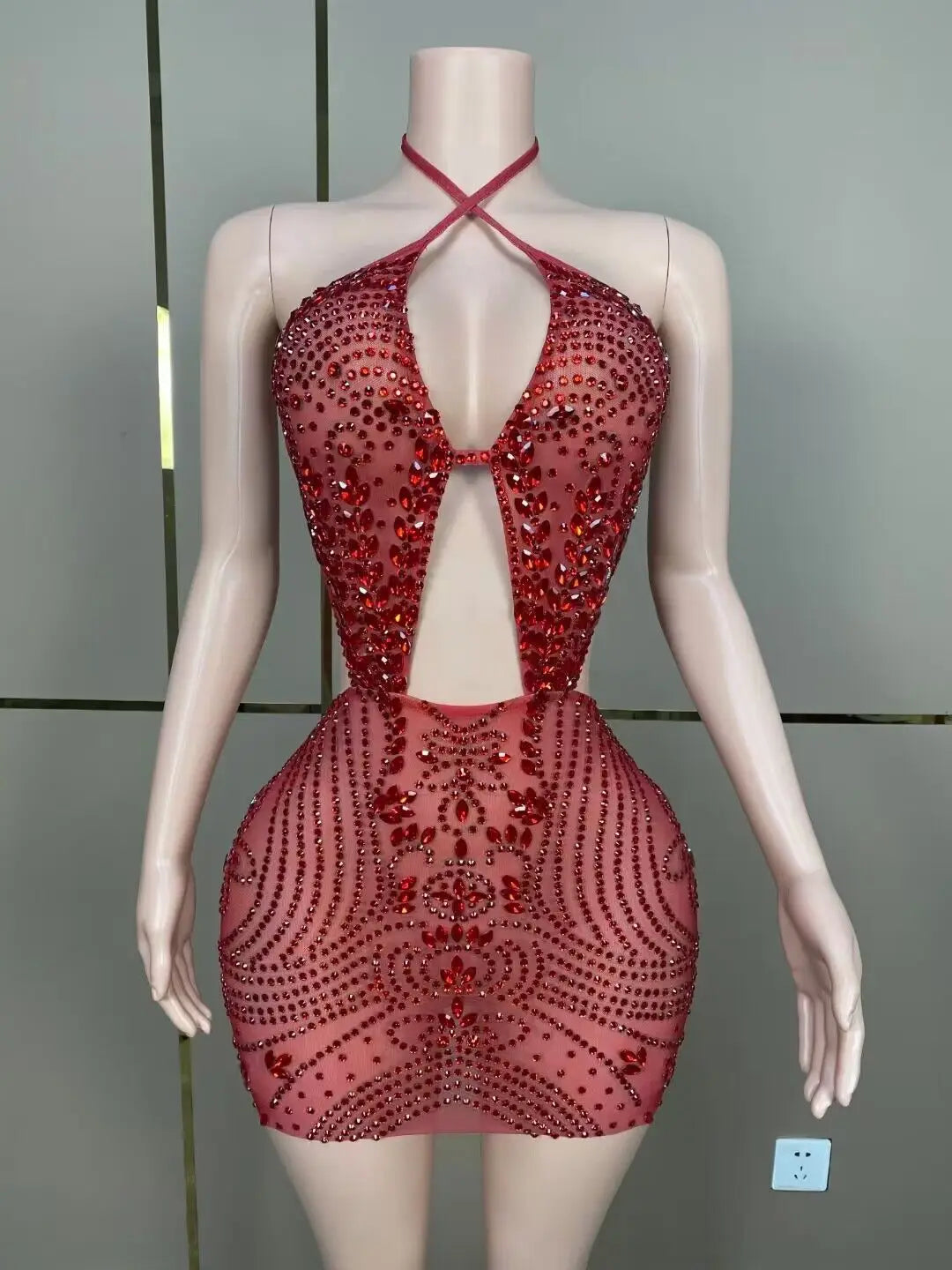 Customized Women Sexy Halter Big Crystal Bodycon Mini Dress Mesh Sexy Backless Nightclub Party Celebrate Dress Wholesale - Seprincess