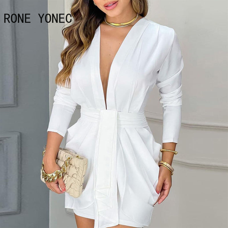 Women Chic Elegant Long Sleeves Deep V Neck Mini A Line Ruffles Formal Party & Working White Dresses - Seprincess