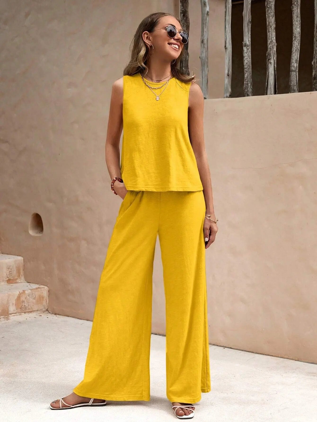 Women's Set 2024 Summer New Yellow Round Neck Sleeveless Shirt Wide Leg Pants Two Piece Set For Women Versatile Casual Outfits - Seprincess