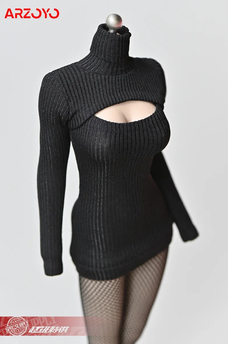 1/6 Female Soldier Sweater Slim Elastic High Neck Knit Pullover Sexy Open Chest Tops Mini Sweater Dress for 12" Action Figure - Seprincess