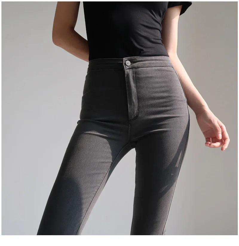 Spring Autumn New High-waisted Slimming Stretch Jeans Women's Petite Black Slim Fit Tightening Leggings Fashionable Casual Wear