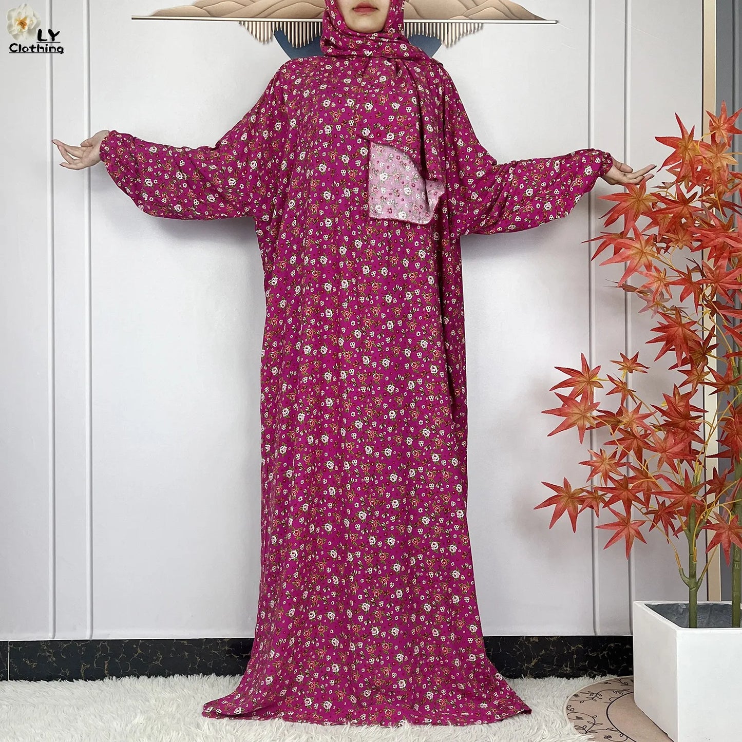 2024Latest Muslim Abayas For Women Ramadan Prayer Maxi Dubai Turkey Femme Cotton Robe Floral Loose African Dress Turban Attached