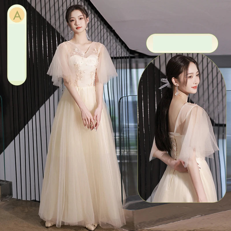 Champagne Bridesmaid Dress Women's Sweet Tulle Embroidery New Temperament Sisters Evening Dresses A-Line Wedding Party Gown - Seprincess