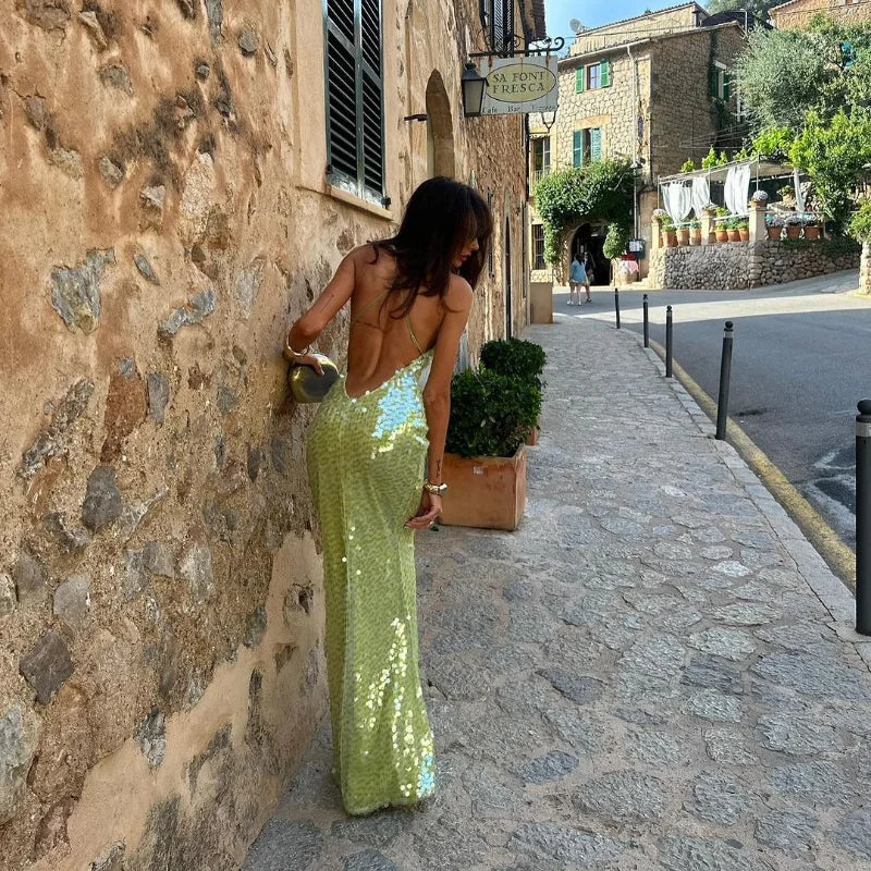 2024 New Fashion Shiny Sequins Lady Maxi Dress Sexy Off Shoulder Backless Slim Long Dresses Women Summer Chic Evening Party Gown - Seprincess