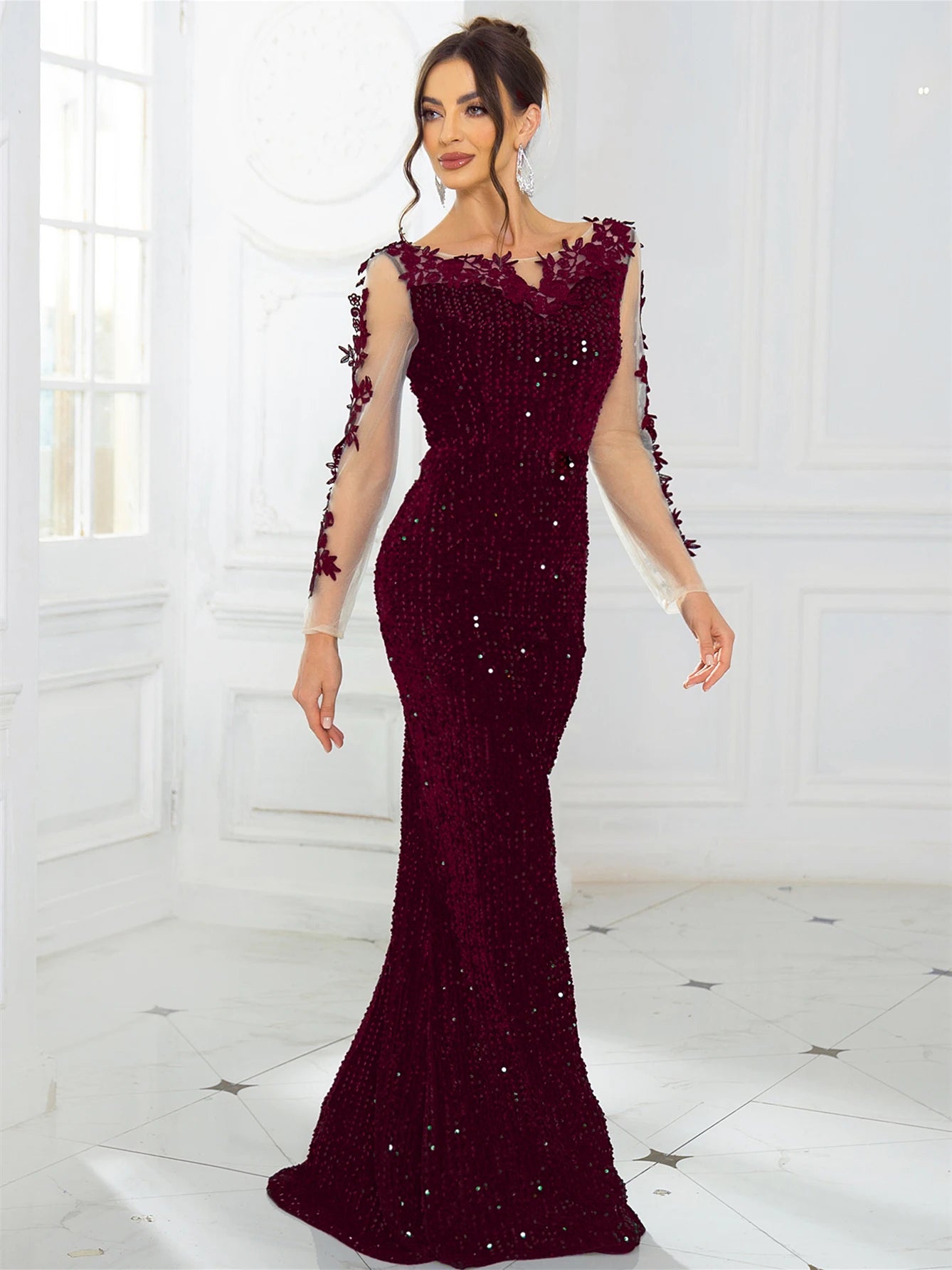 Women's Evening Maxi Dress Prom Gown Hollow Out Long Sleeve Lace Patchwork Sequined Velvet - Seprincess