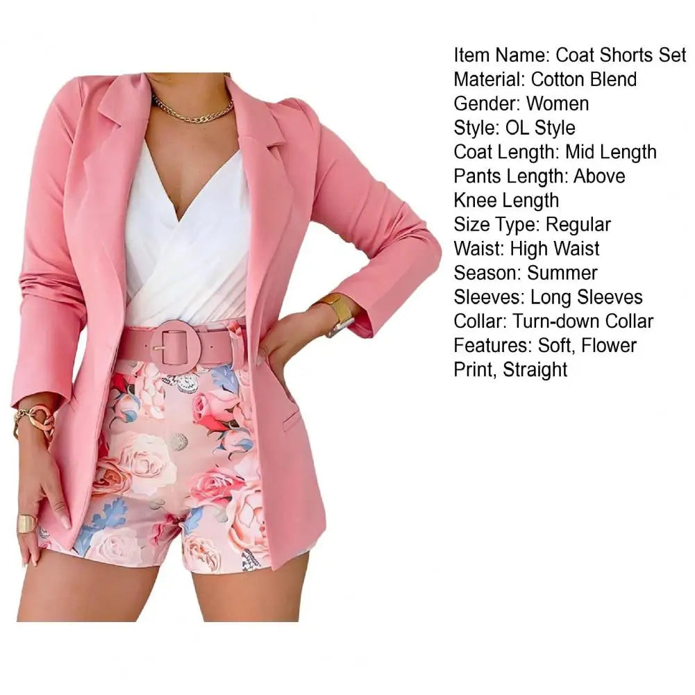 New 2024 Women Long Sleeve Blazer & Floral Print Shorts Set Casual 2 Piece Suit Sets Womens Female Outfits Set 2PCS - Seprincess