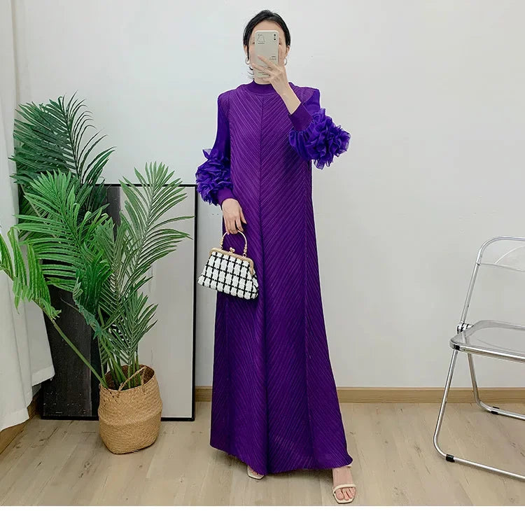 ANLAN Miyake Pleated Maxi Long Dress Mesh Petal Sleeve Half Turtleneck Formal Dresses for Women 2024 New Hot Sales 6KK9927 - Seprincess