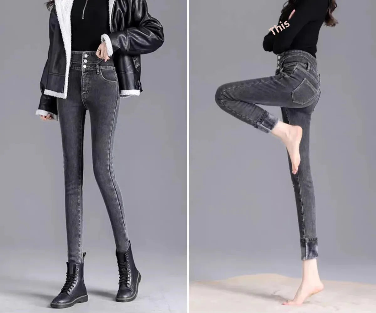 2024 Autumn/Winter New Solid Color Slim Fit Women's Jeans High Waist Buttoned Wool Lined And Thickened Pencil Leggings