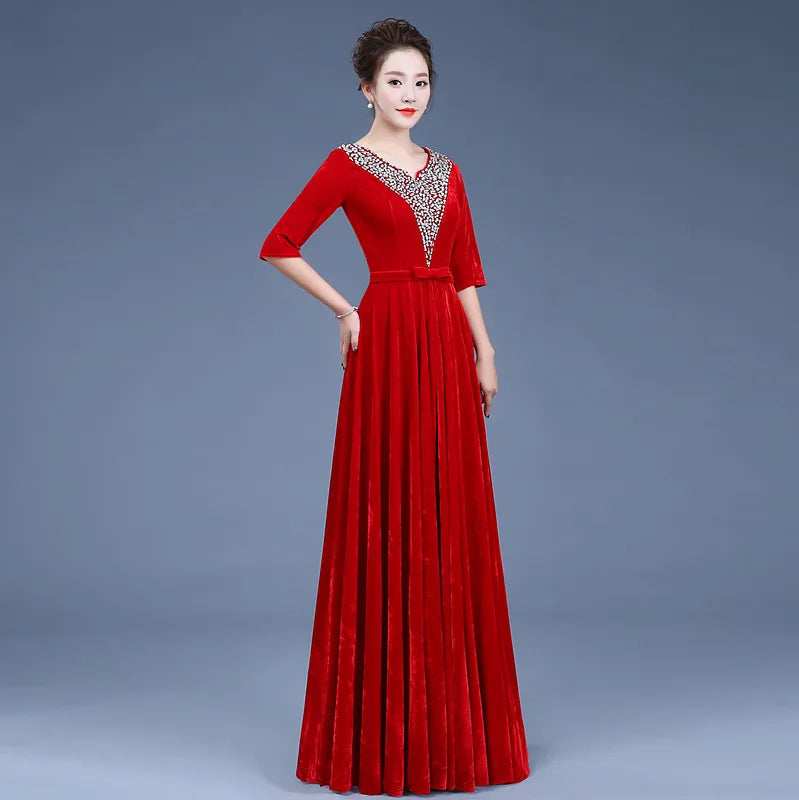 WMLF-80#Gold Velvet Chorus Dress Performance Women Clothing Long New Adult Slim Middle-aged Elderly Dresses Sequins Costumes Red - Seprincess