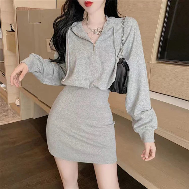 Sexy Slim Female Dress 2022 Summer New Solid Puff Long Sleeve Short Hooded Sweater Skirt High Waist Bag Hip Women Dresses - Seprincess