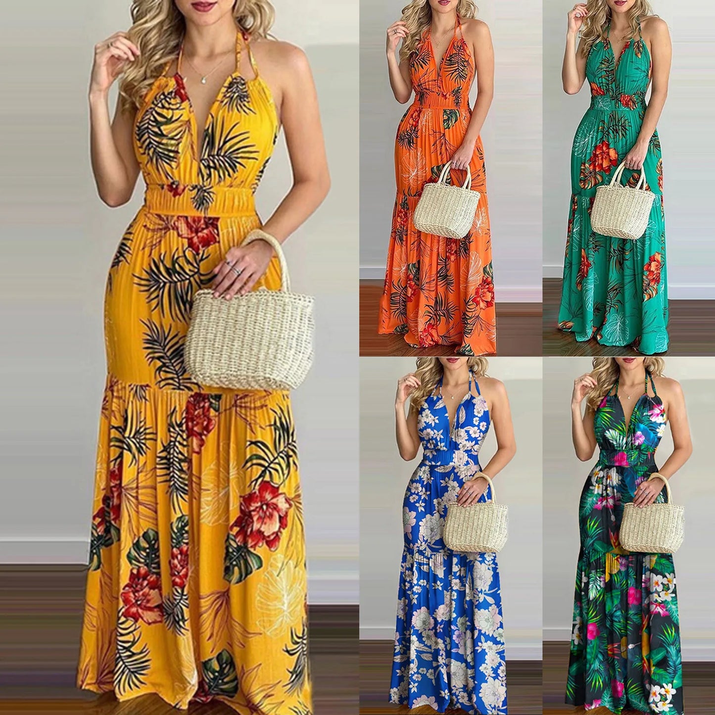 Summer Boho Dress Y2k Cloth Women Floral Print Backless Maxi Dress Elastic Waist Halter V Neck Long Robe Long Dresses Vacation - Seprincess