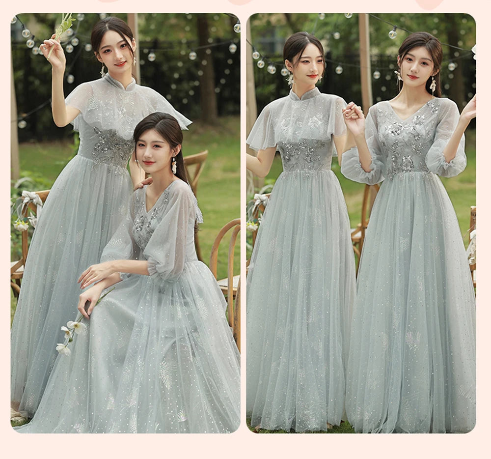 4 Styles Grey Bridesmaid Dress Women's Elegant V-neck Sequins Shawl Collar Slim A-line Gown Light Luxury Wedding Party Vestido - Seprincess