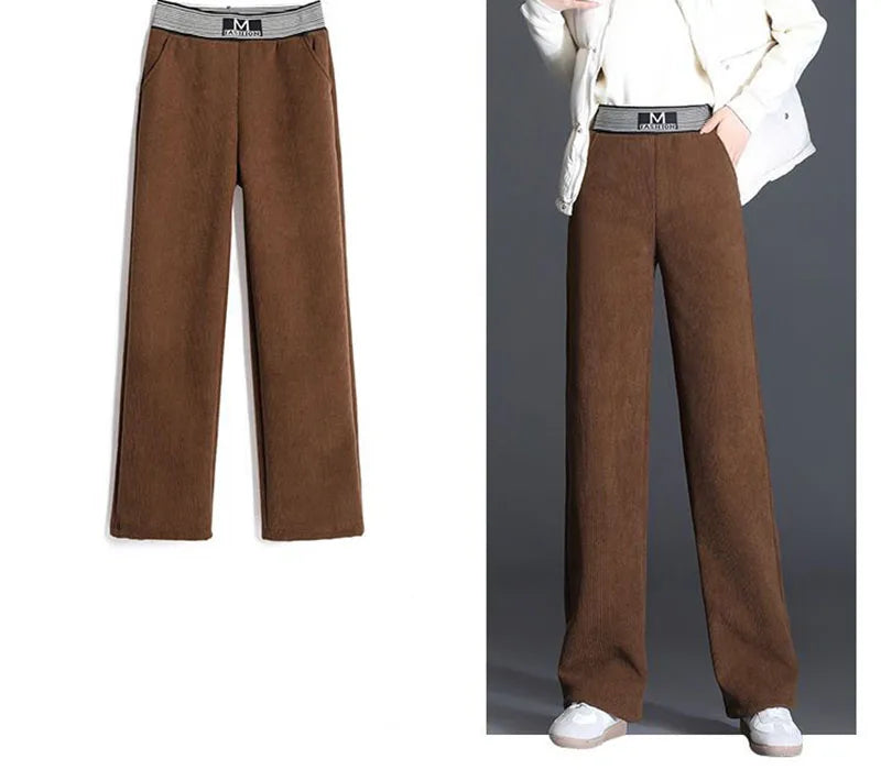 Autumn High Waist Women Corduroy Trousers Winter Thick Warm Wide Leg Pants Loose Fashion Streetwear Solid Straight Pants New