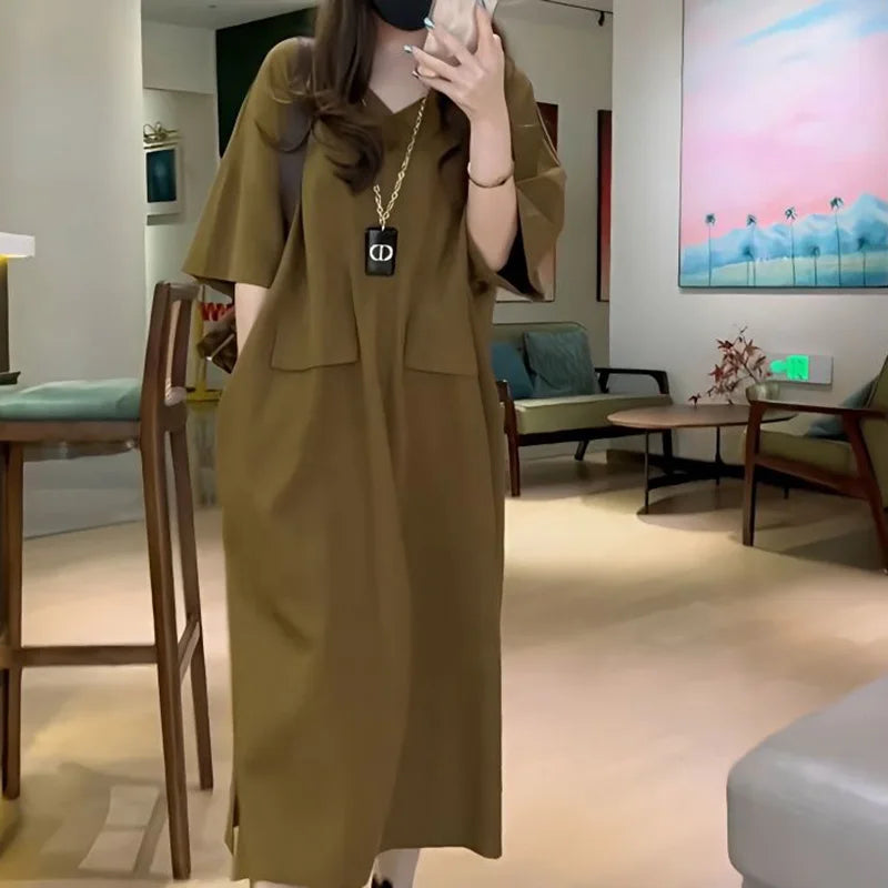 Fashion V-Neck Solid Color Spliced Pockets Loose Korean Long Dress Women's Clothing 2023 Summer New Oversized Casual Dresses - Seprincess