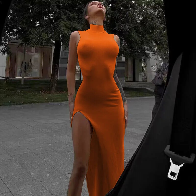 Y2k Sleeveless Orange Midi Women's Dresses Side Slit Turtleneck Setting Bodycon Sexy Party Elegant Dress 2024 Basic Vintage Robe - Seprincess