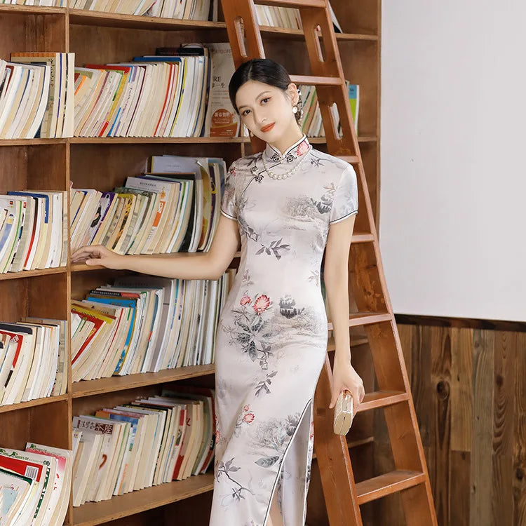 Chinese Style Cheongsams Woman Traditional Dress Floral Print Qipao Satin Vestido Para Mujer Slitting Hem Bodycon Large Size 5Xl