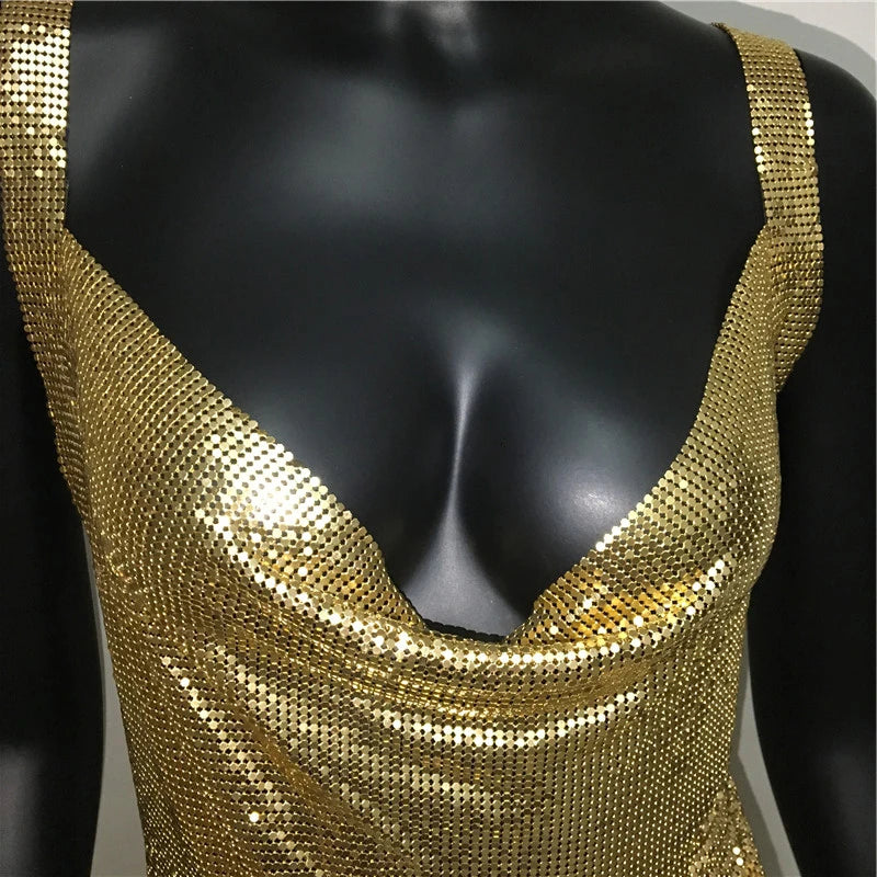 Sexy Metallic Sequin Mini Dress For Women Backless Cocktail Club Glitter Low Cut Halter Dress Rave Party Nightclub Dresses - Seprincess