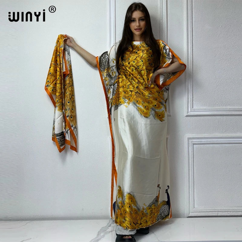 WINYI Africa summer kaftan with belt Women Classic peacock print Caftan Elegant Holiday summer Maxi silk Bohemian party dress - Seprincess