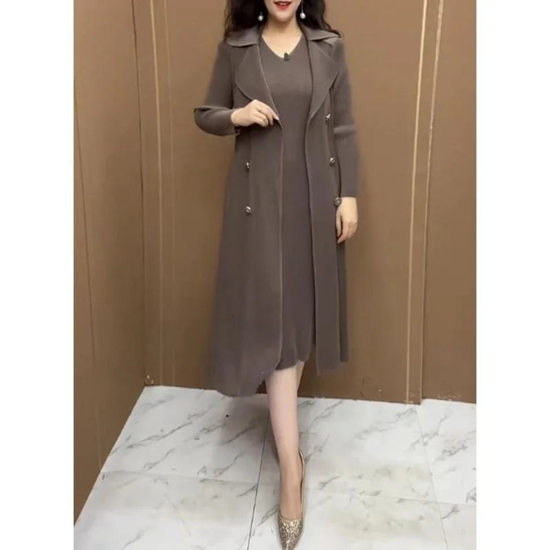 Spring Autumn Fashion Slim Pleated Suit Collar Fake Two Piece Windbreaker Coat Comfortable Waist Shrinking Elastic Dress Belt - Seprincess