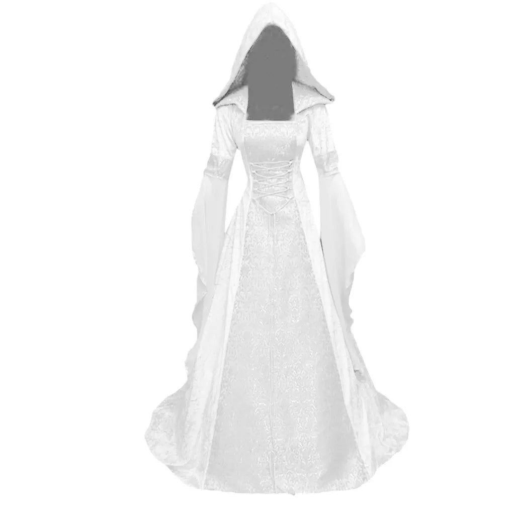 Women's Medieval Renaissance Vintage Gothic Hooded Long Dress Sexy White Lace Up Drawstring Halloween Queen Princess Cosplay - Seprincess