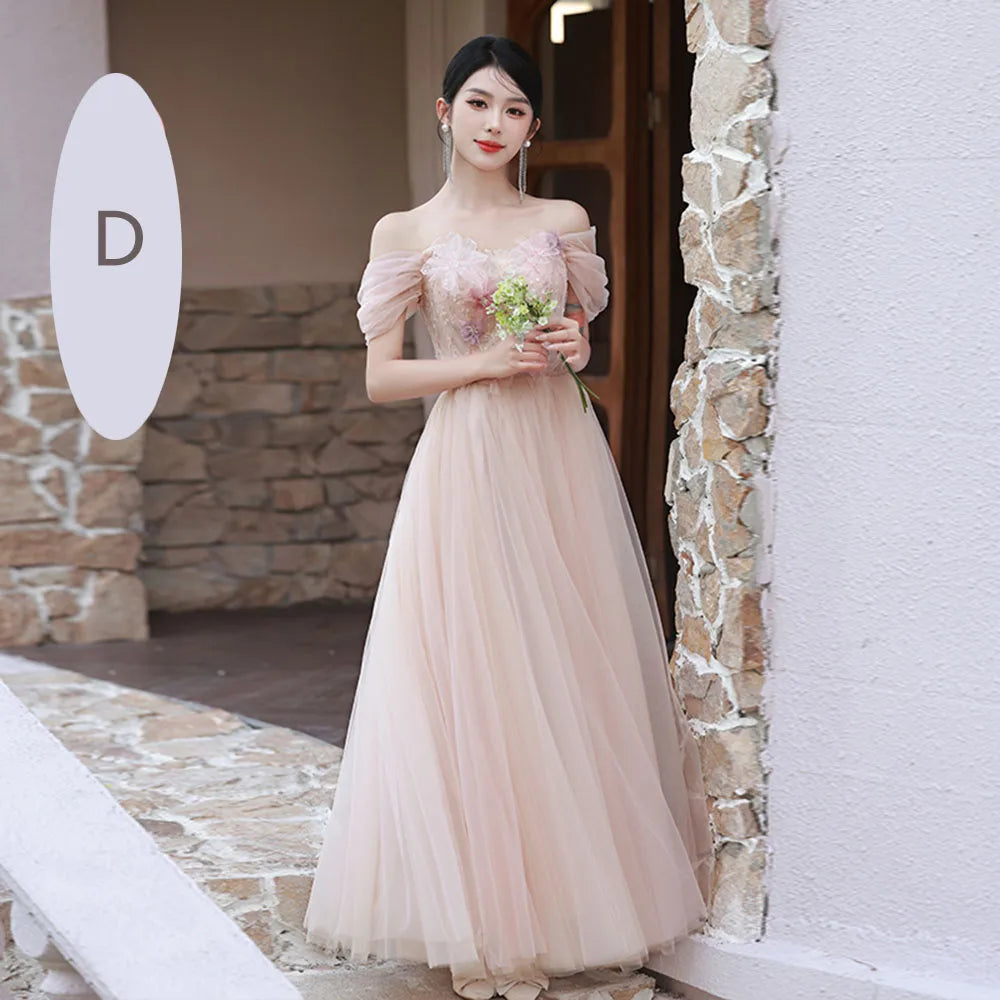 4 Styles Pink Bridesmaid Dress Women's Elegant Thin Tulle Off The Shoulder Flower Appliques A-line Wedding Party Guest Vestido - Seprincess