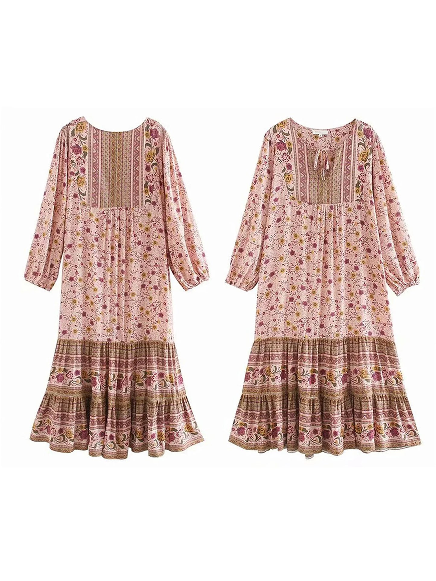 Bohemian Style Maxi Dress with Vintage Floral Print Long Puff Sleeves V-Neckline and Flowy A-Line Silhouette Perfect for - Seprincess