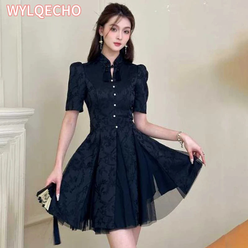 Women Fashionable New Cheongsam Black Advanced Mysterious Dress Qipao Improvement New Chinese Style Elegant Dress Summer - Seprincess