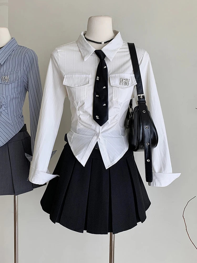 Women JK Preppy Y2k Gyaru Kpop 2000s Outfits 2 Piece Set Long Sleeve Shirts With Tie Crop Tops + Mini Pleated Skirts With Belt - Seprincess