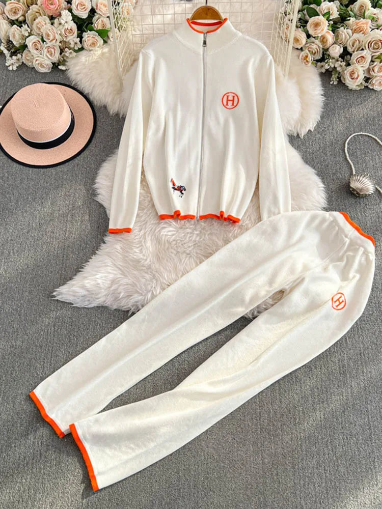 Women's Long Sleeved Knitted Sweater High Waist Slim Straight Leg Pants Two-piece Set Y2k Korean Autumn - Seprincess