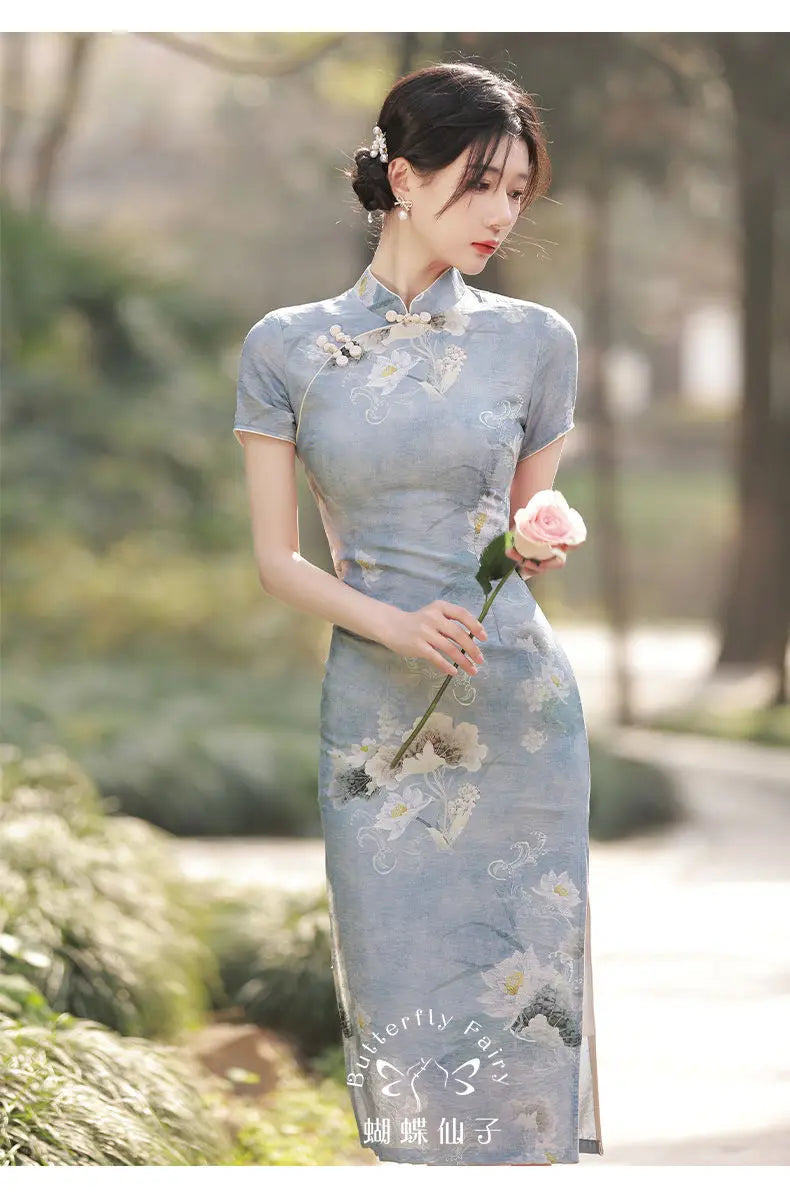 Simple Elegant Slim Qipao Women Vintage Floral Style Cheongsam Traditional Short Sleeve Young Girl Chinese Dress Modern New - Seprincess