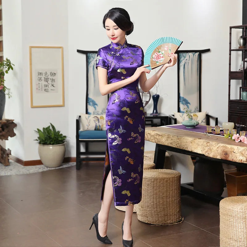 Short Sleeve Long Qipao Purple Brocade Satin Cheongsam Female Sexy Butterfly Flower Qipaos Chinese Style Banquet Gown Vestidos - Seprincess