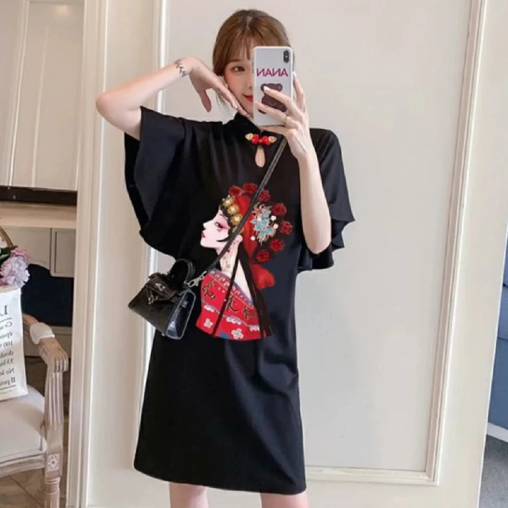 Chinese Opera Print Dress for Women, Summer Long Sleeve, National Style Cheongsam, Modern Improve, Elegant, Loose Qipao - Seprincess