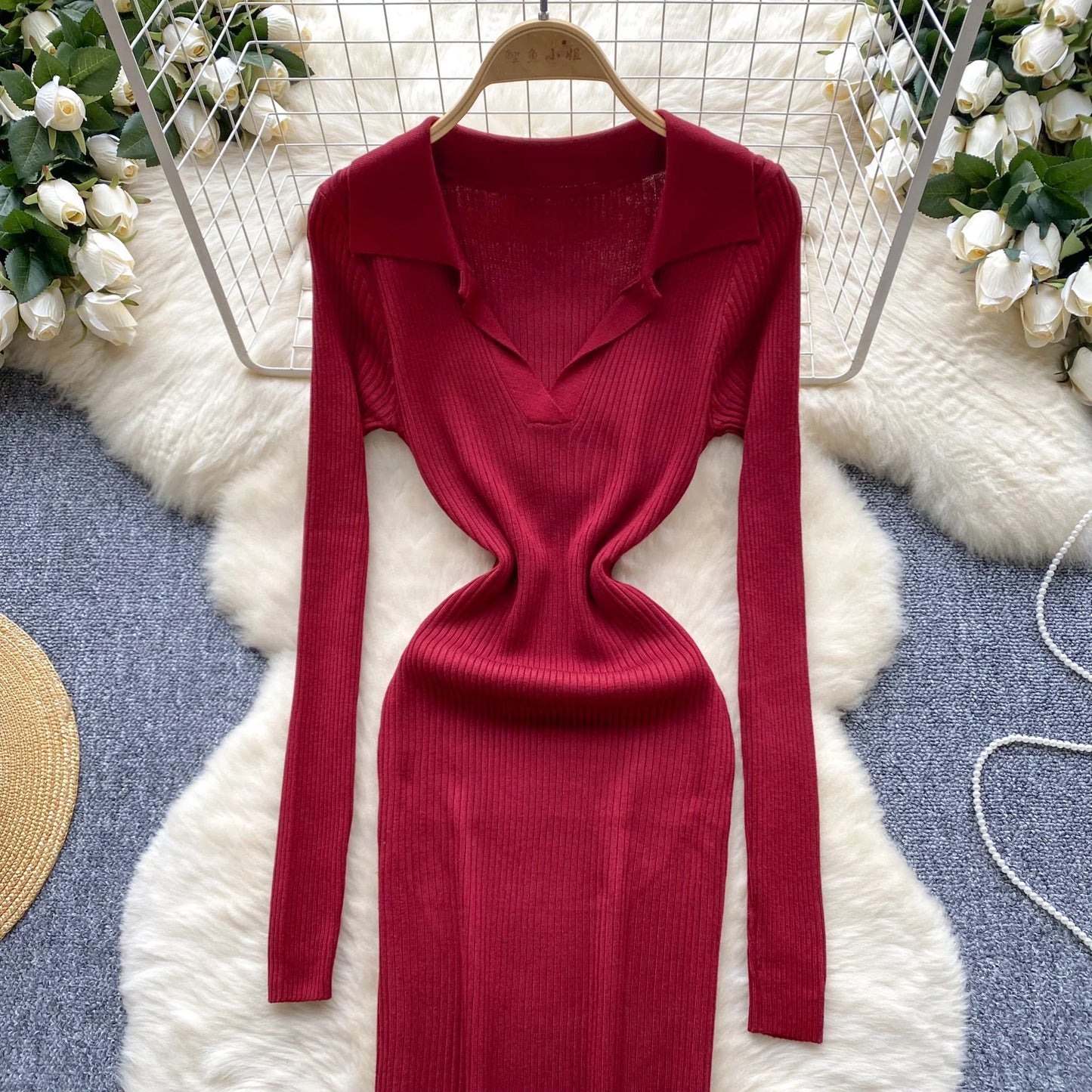 SINGREINY French Vintage Sweater Dress 2024 Ladies Lapel Long Sleeves Autumn Fashion Solid Basics Bodycon Knitted Long Dress