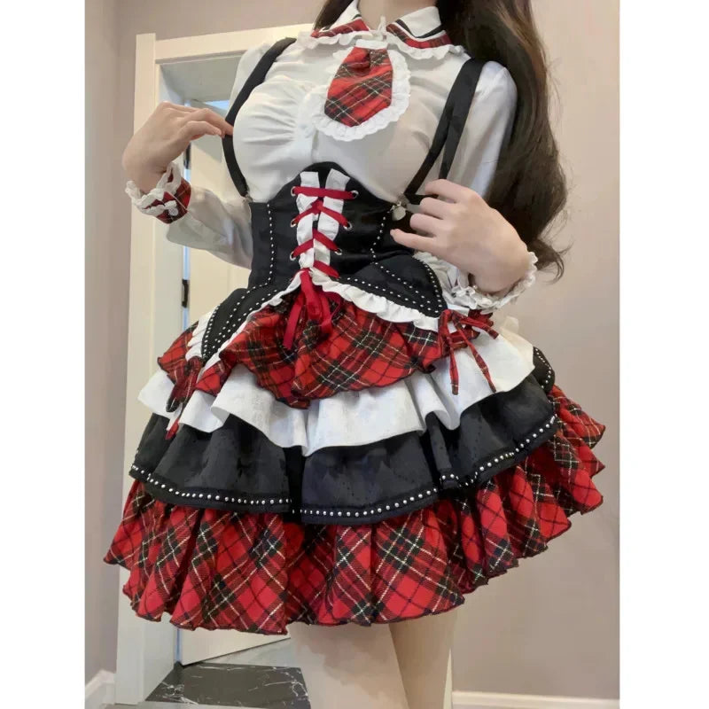 Plaid Patchwork Design Y2k Lolita Dress Sets Halloween Uniform Kawaii Mini Skirt Cosplay Anime Three Pieces Suit For Women - Seprincess