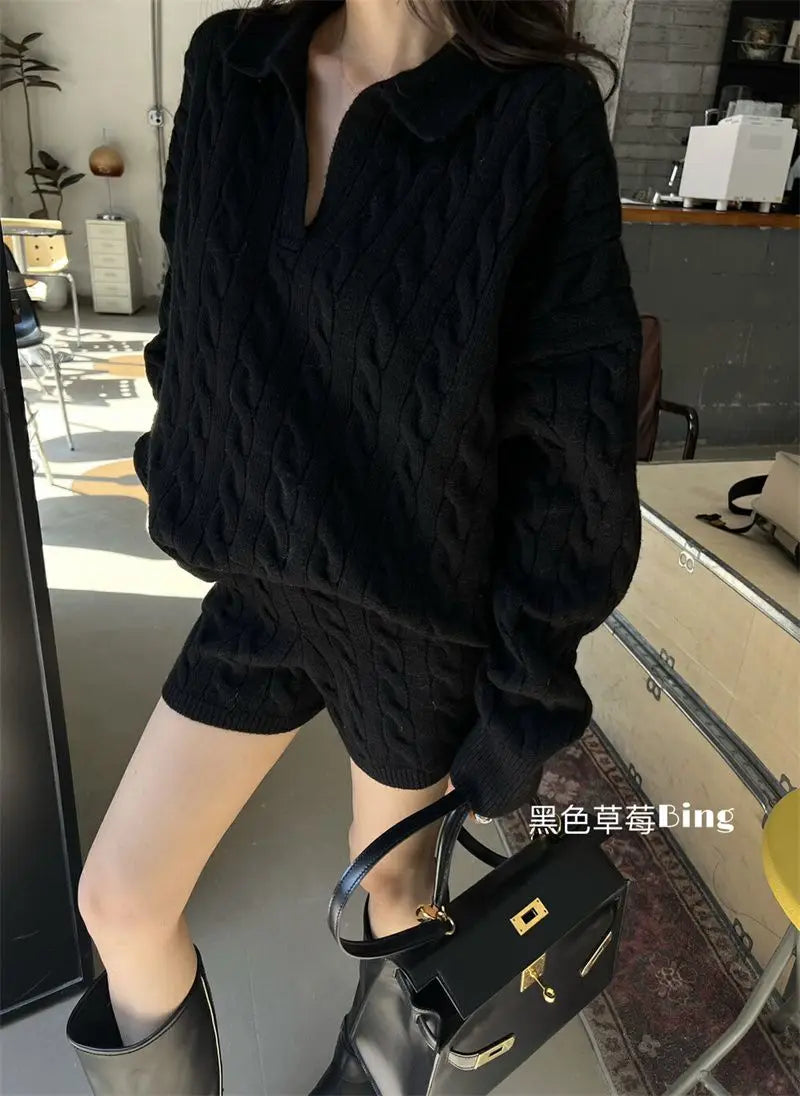 Korean Style Premium Knited Sweater Loose Casual Polo Neck Pullover Women Top Shorts Autumn WinterTwo Piece Set Women Outfits - Seprincess