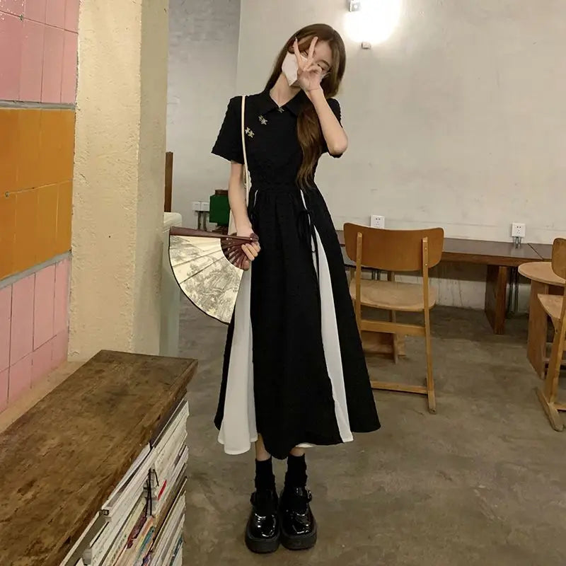 2023 New Chinese Style Dress Balck Qipao Elegant White Black Patchwork Cheongsams Youth Girl Vestidos Long Dresses Qipao - Seprincess