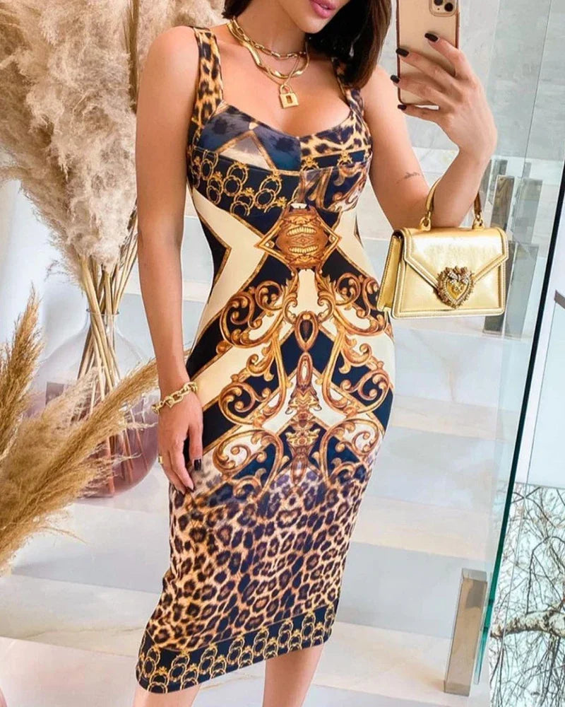 Spring Women Sexy Fashion Sleeveless Scarf Print Colorblock Midi Dress Yellow Leopard Tank Tight Party Dress Club - Seprincess