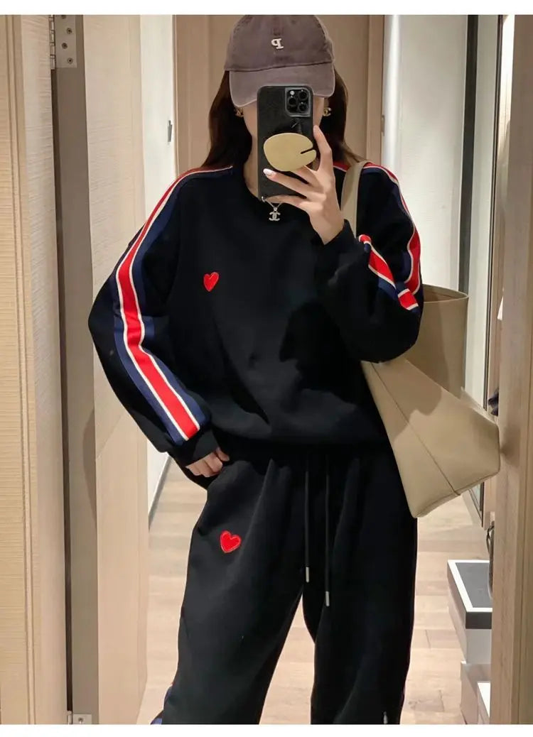 Autumn Cute Love Embroidery Pant Sets Two Pieces Tracksuits Khaki Side Striped Sweatshirt Women Girls Loose Sporty Korean Style - Seprincess