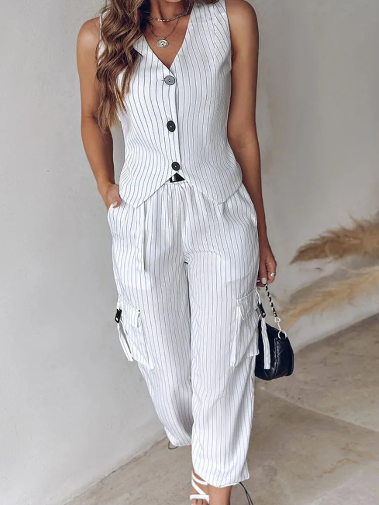 White Striped Vest Suit For Women Summer Casual V-neck Button Top Pocket Loose Pants Outfits Two-piece Suit For Women Elegant - Seprincess