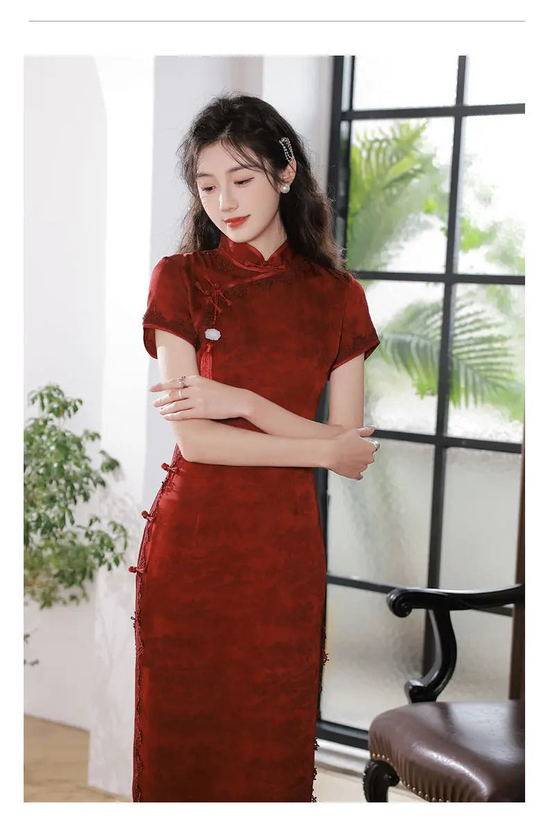 Wine Red Qipao Cheongsam 2023 Chinese Dress Women Classic Mandarin Collar Bridal  Evening Party Gown Young Girls Long Dress - Seprincess