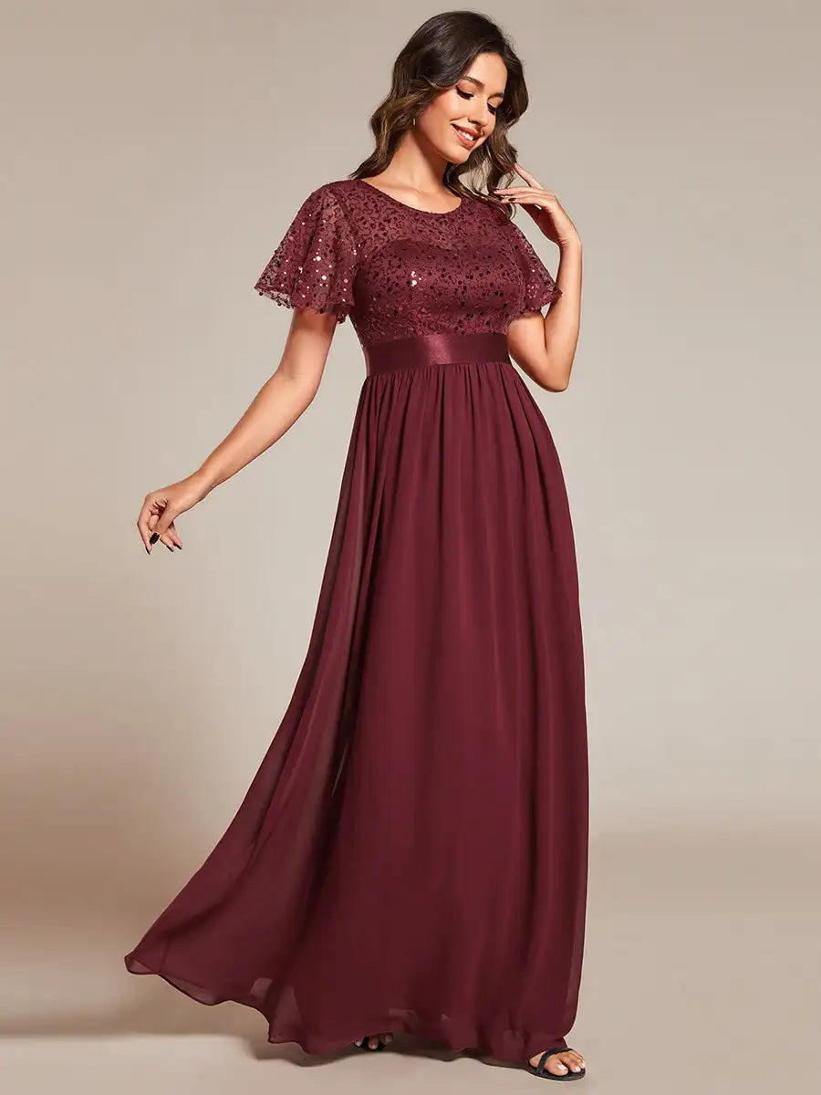 Elegant Evening Dresses Round-Neck Sequin High Waist Short-Sleeved Formal 2024 Ever Pretty of Burgundy Bridesmaid dress - Seprincess