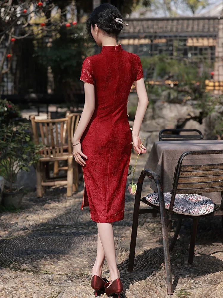 New Arrival Cheongsam Dress Red Jacquard with Improved Design Perfect for Wedding Bridal Party Banquet Dinner - Seprincess