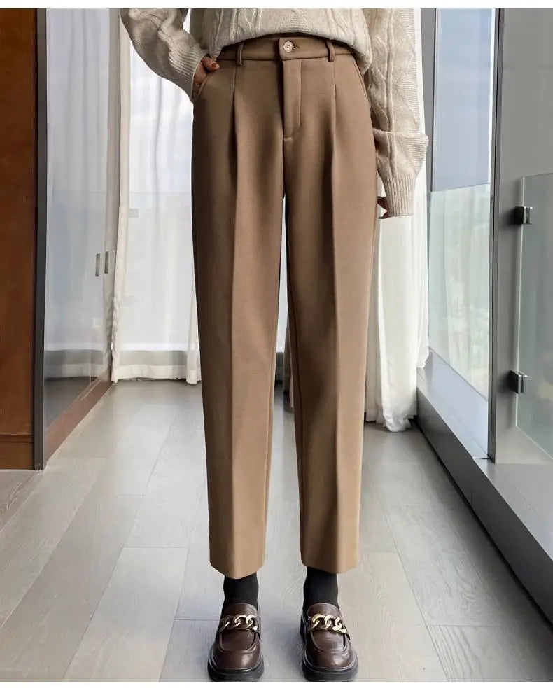 Simplicity Autumn Women Woolen Suit Pants Solid Pockets Button Elastic High Waist Fashion Straight Thicken Ankle Length Trousers