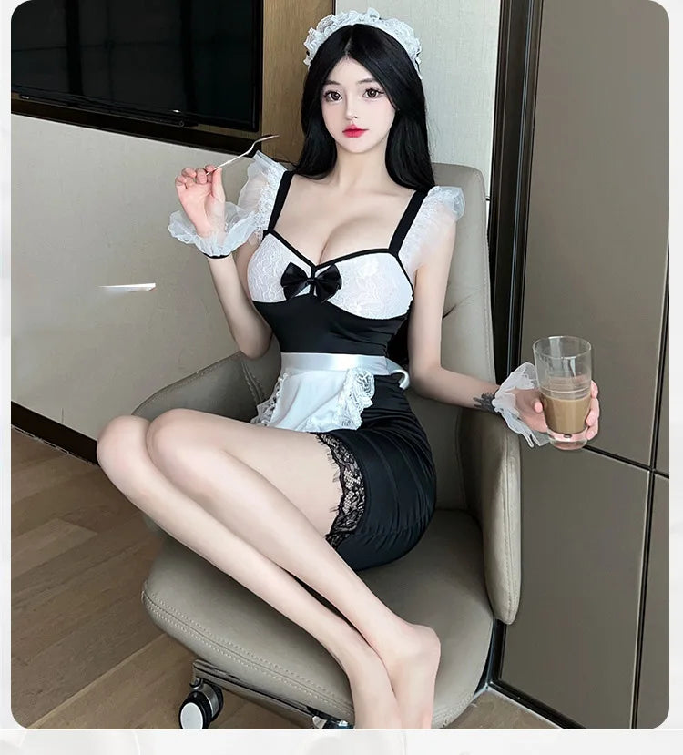 Erotic lingerie Lace deep v revealing breasts tight fitting maid uniform tempting sexy tоy body sexy. items lolita sex cosplay - Seprincess